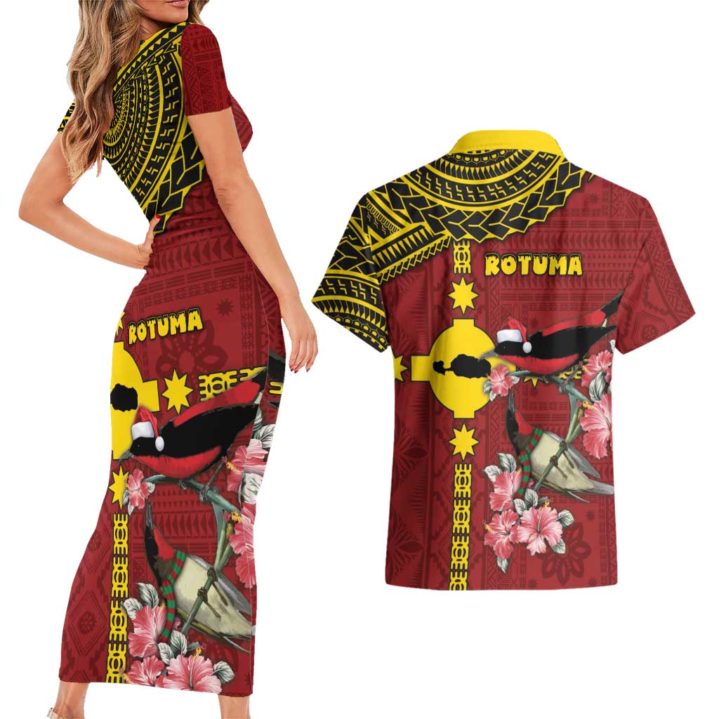 Rotuma Christmas Couples Matching Short Sleeve Bodycon Dress and Hawaiian Shirt Rotuma Myzomela Birds With Hibiscus Flowers DT05 - Polynesian Pride