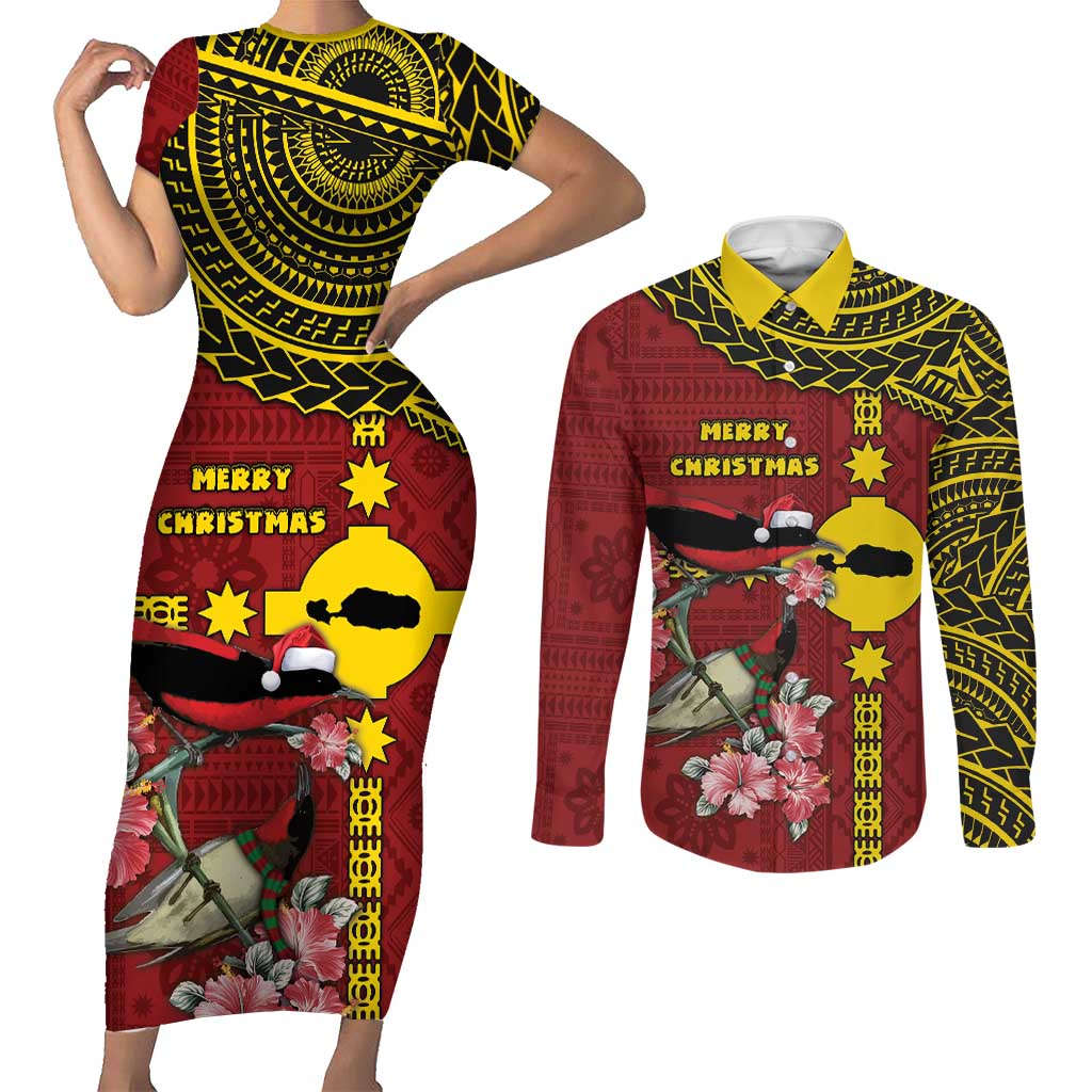 Rotuma Christmas Couples Matching Short Sleeve Bodycon Dress and Long Sleeve Button Shirt Rotuma Myzomela Birds With Hibiscus Flowers - Polynesian Pride