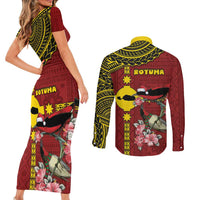Rotuma Christmas Couples Matching Short Sleeve Bodycon Dress and Long Sleeve Button Shirt Rotuma Myzomela Birds With Hibiscus Flowers DT05 - Polynesian Pride