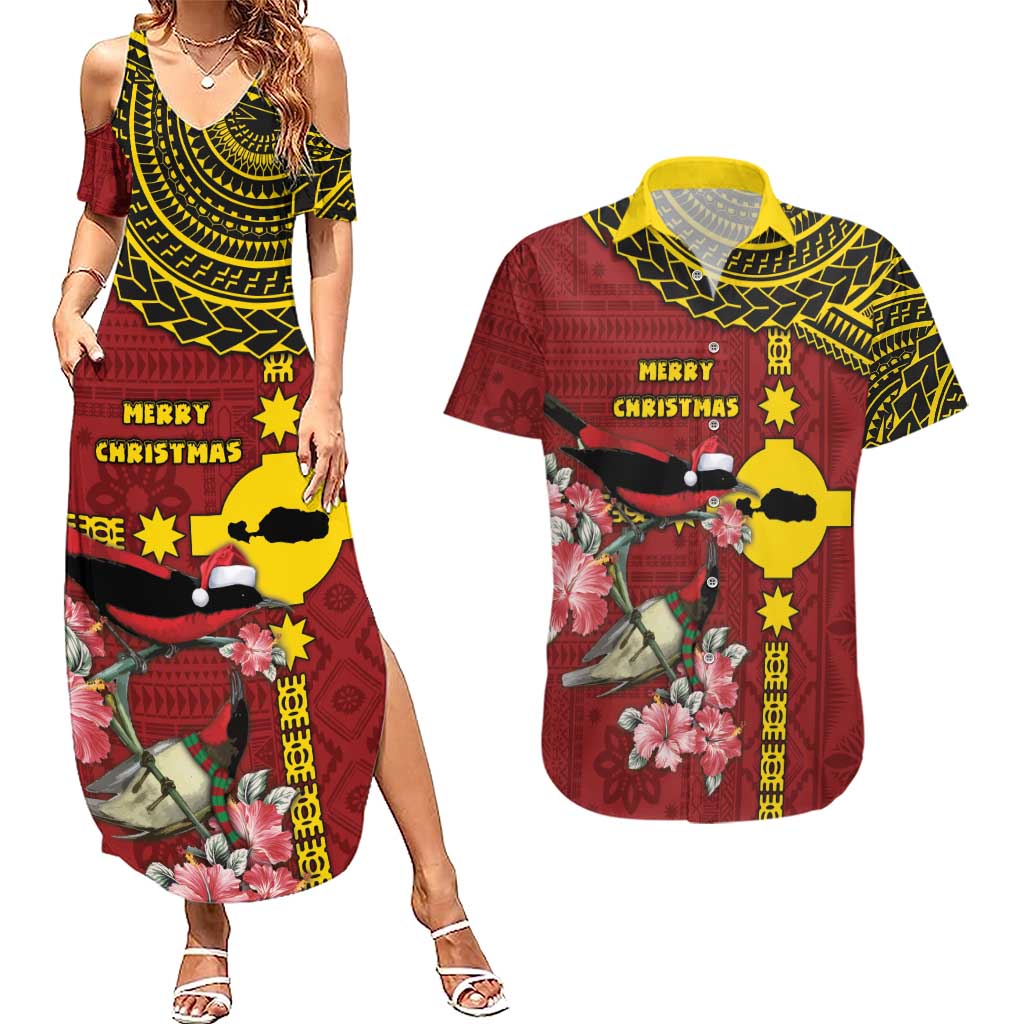 Rotuma Christmas Couples Matching Summer Maxi Dress and Hawaiian Shirt Rotuma Myzomela Birds With Hibiscus Flowers DT05 Red - Polynesian Pride