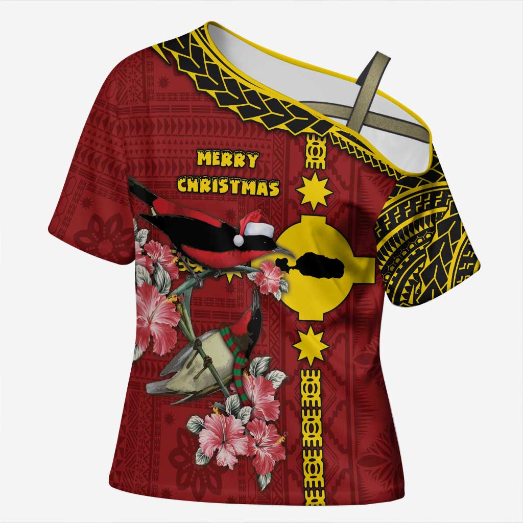 Rotuma Christmas Cross Shoulder Shirt Rotuma Myzomela Birds With Hibiscus Flowers DT05 Female Red - Polynesian Pride
