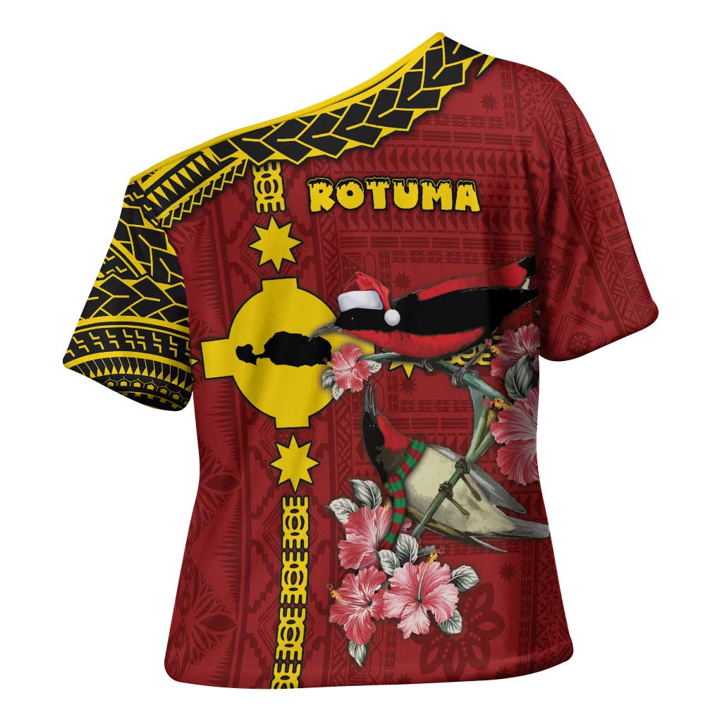 Rotuma Christmas Cross Shoulder Shirt Rotuma Myzomela Birds With Hibiscus Flowers DT05 - Polynesian Pride