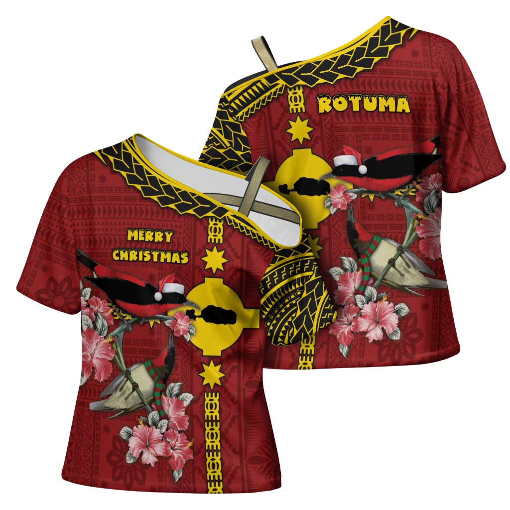 Rotuma Christmas Cross Shoulder Shirt Rotuma Myzomela Birds With Hibiscus Flowers DT05 - Polynesian Pride