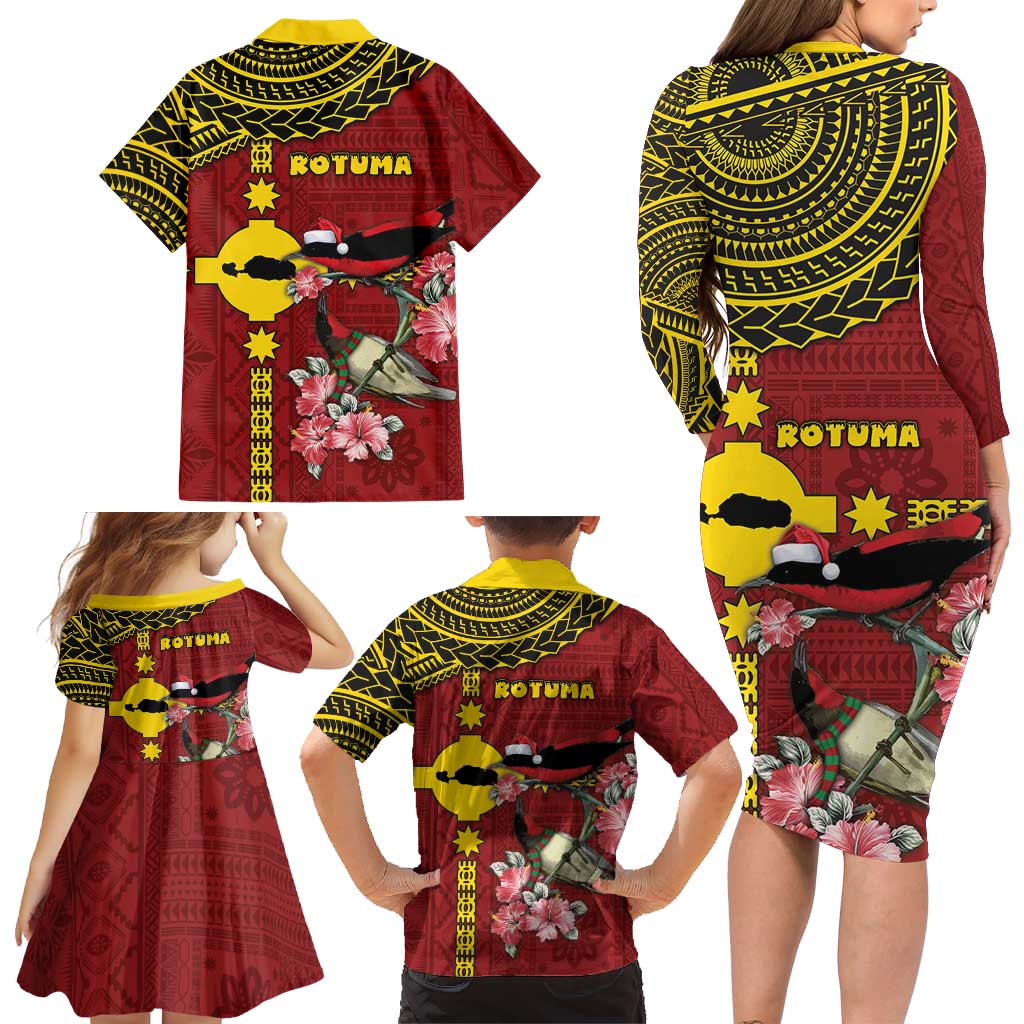 Rotuma Christmas Family Matching Long Sleeve Bodycon Dress and Hawaiian Shirt Rotuma Myzomela Birds With Hibiscus Flowers DT05 - Polynesian Pride