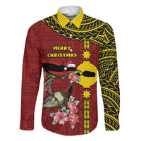 Rotuma Christmas Family Matching Long Sleeve Bodycon Dress and Hawaiian Shirt Rotuma Myzomela Birds With Hibiscus Flowers DT05 Dad's Shirt - Long Sleeve Red - Polynesian Pride