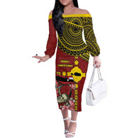 Rotuma Christmas Family Matching Off The Shoulder Long Sleeve Dress and Hawaiian Shirt Rotuma Myzomela Birds With Hibiscus Flowers DT05 Mom's Dress Red - Polynesian Pride