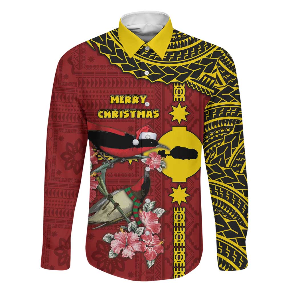 Rotuma Christmas Family Matching Off Shoulder Short Dress and Hawaiian Shirt Rotuma Myzomela Birds With Hibiscus Flowers DT05 Dad's Shirt - Long Sleeve Red - Polynesian Pride