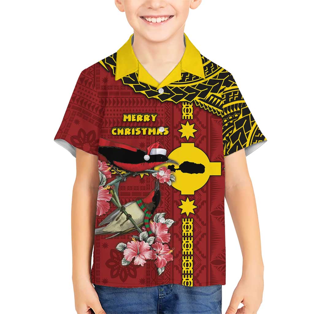 Rotuma Christmas Family Matching Off Shoulder Short Dress and Hawaiian Shirt Rotuma Myzomela Birds With Hibiscus Flowers DT05 Son's Shirt Red - Polynesian Pride