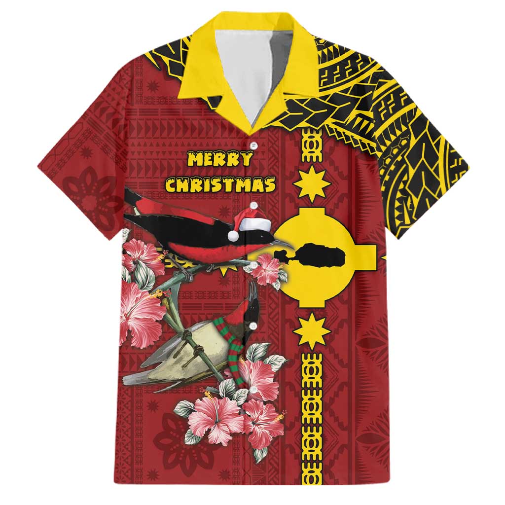 Rotuma Christmas Family Matching Summer Maxi Dress and Hawaiian Shirt Rotuma Myzomela Birds With Hibiscus Flowers DT05 Dad's Shirt - Short Sleeve Red - Polynesian Pride