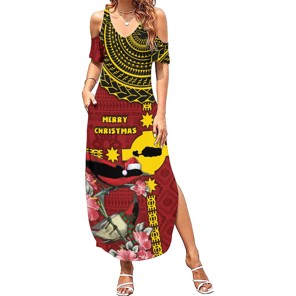 Rotuma Christmas Family Matching Summer Maxi Dress and Hawaiian Shirt Rotuma Myzomela Birds With Hibiscus Flowers DT05 Mom's Dress Red - Polynesian Pride