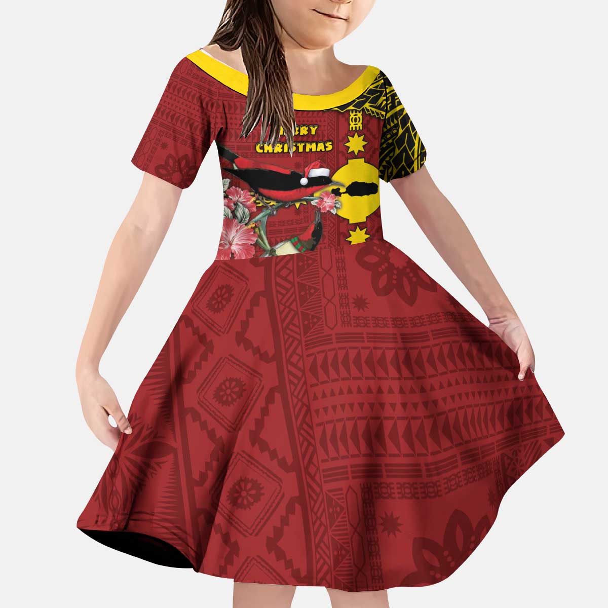 Rotuma Christmas Kid Short Sleeve Dress Rotuma Myzomela Birds With Hibiscus Flowers - Polynesian Pride