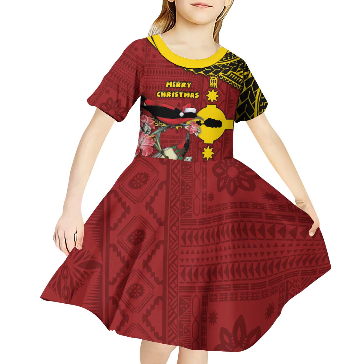 Rotuma Christmas Kid Short Sleeve Dress Rotuma Myzomela Birds With Hibiscus Flowers DT05 - Polynesian Pride