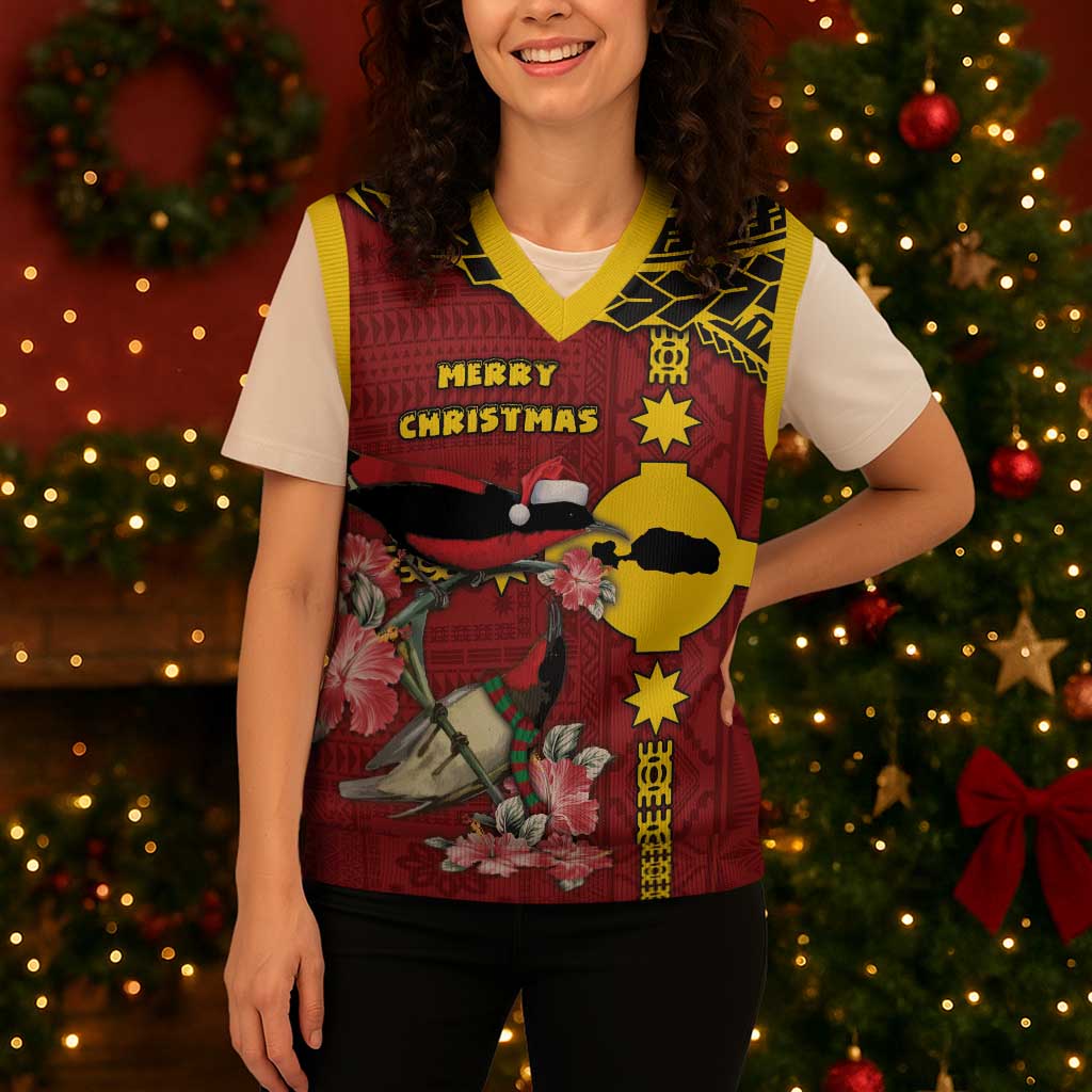 Rotuma Christmas Knitted V-Neck Vest Rotuma Myzomela Birds With Hibiscus Flowers DT05 - Polynesian Pride