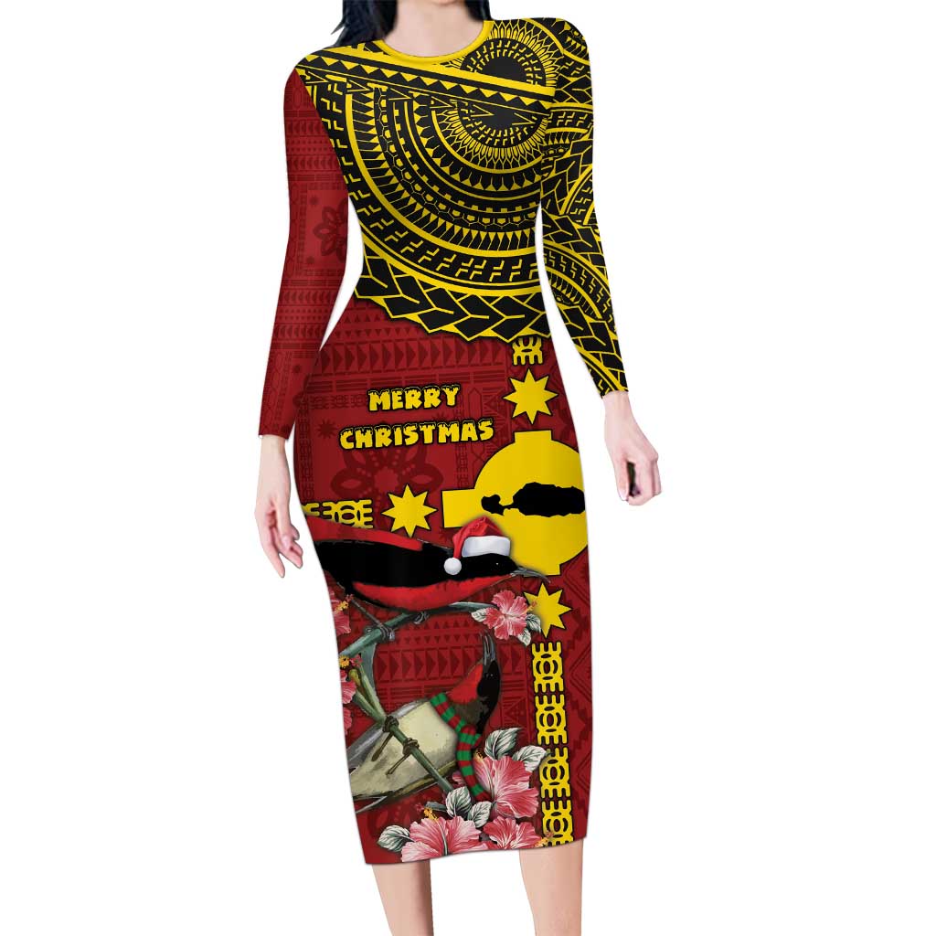 Rotuma Christmas Long Sleeve Bodycon Dress Rotuma Myzomela Birds With Hibiscus Flowers DT05 Long Dress Red - Polynesian Pride