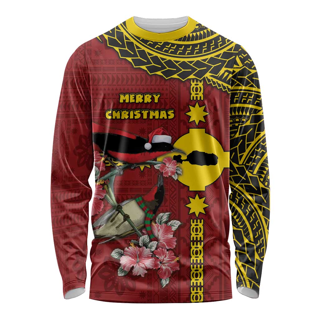 Rotuma Christmas Long Sleeve Shirt Rotuma Myzomela Birds With Hibiscus Flowers DT05 Unisex Red - Polynesian Pride