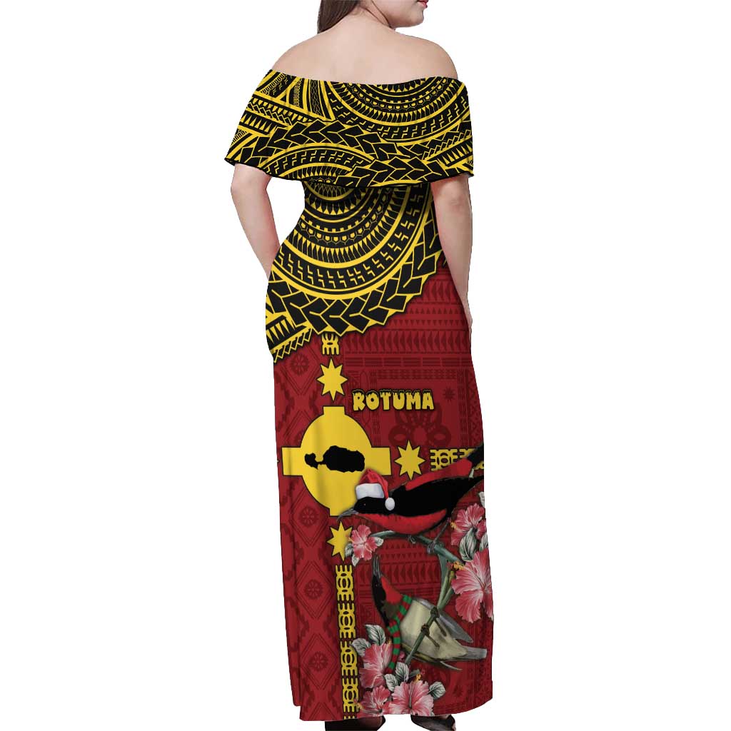 Rotuma Christmas Off Shoulder Maxi Dress Rotuma Myzomela Birds With Hibiscus Flowers DT05 - Polynesian Pride