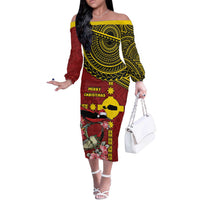 Rotuma Christmas Off The Shoulder Long Sleeve Dress Rotuma Myzomela Birds With Hibiscus Flowers DT05 Women Red - Polynesian Pride