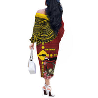 Rotuma Christmas Off The Shoulder Long Sleeve Dress Rotuma Myzomela Birds With Hibiscus Flowers DT05 - Polynesian Pride