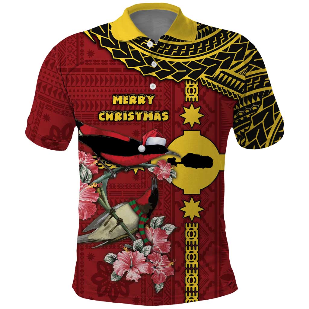 Rotuma Christmas Polo Shirt Rotuma Myzomela Birds With Hibiscus Flowers DT05 Red - Polynesian Pride