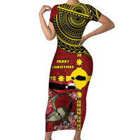 Rotuma Christmas Short Sleeve Bodycon Dress Rotuma Myzomela Birds With Hibiscus Flowers DT05 Long Dress Red - Polynesian Pride