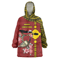 Rotuma Christmas Wearable Blanket Hoodie Rotuma Myzomela Birds With Hibiscus Flowers DT05 One Size Red - Polynesian Pride