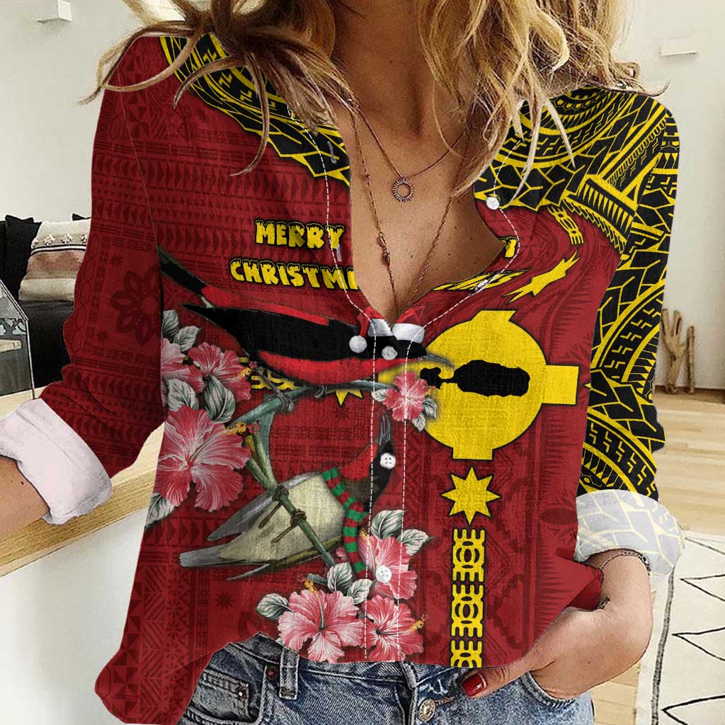 Rotuma Christmas Women Casual Shirt Rotuma Myzomela Birds With Hibiscus Flowers DT05 Female Red - Polynesian Pride