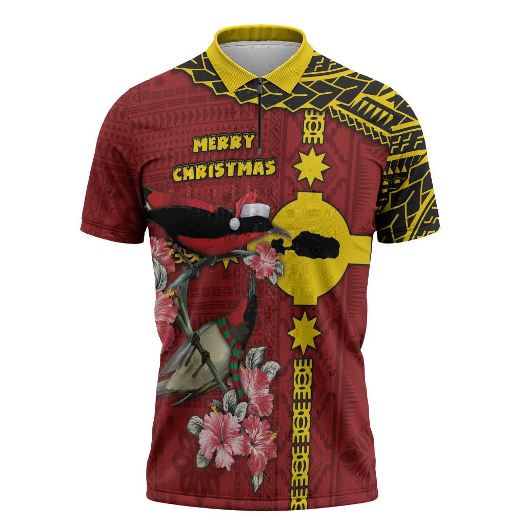 Rotuma Christmas Zipper Polo Shirt Rotuma Myzomela Birds With Hibiscus Flowers DT05 Red - Polynesian Pride