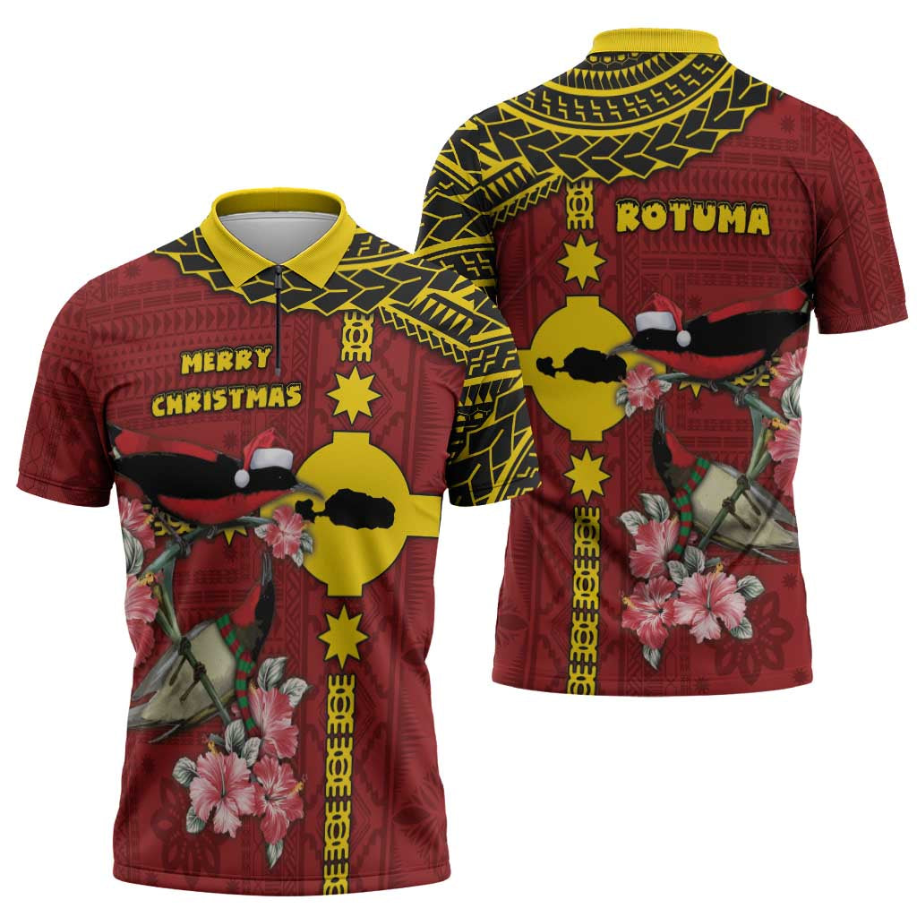 Rotuma Christmas Zipper Polo Shirt Rotuma Myzomela Birds With Hibiscus Flowers DT05 - Polynesian Pride