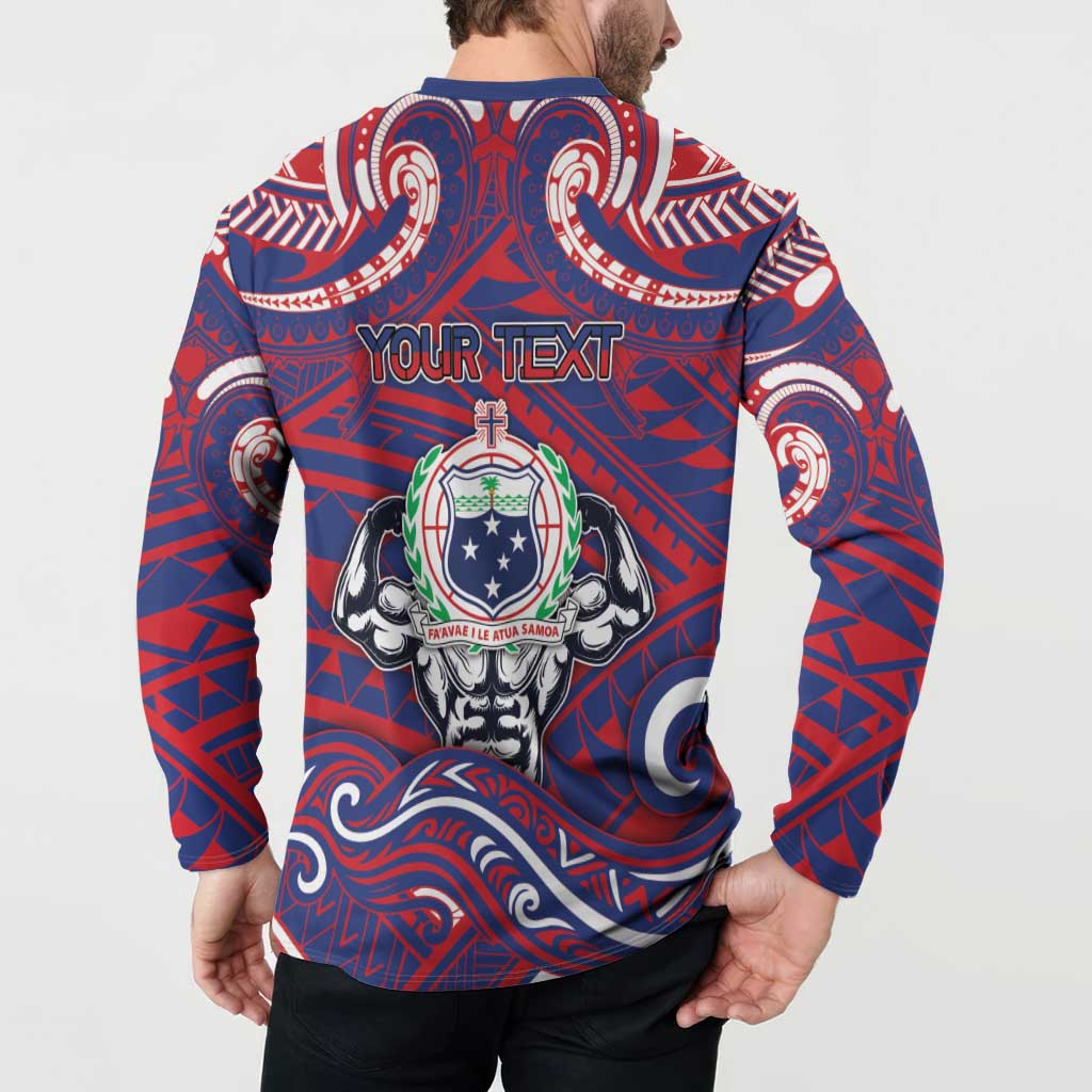 Personalised Samoa Gym Button Sweatshirt Muscle Samoan Tribal Waves - Polynesian Pride