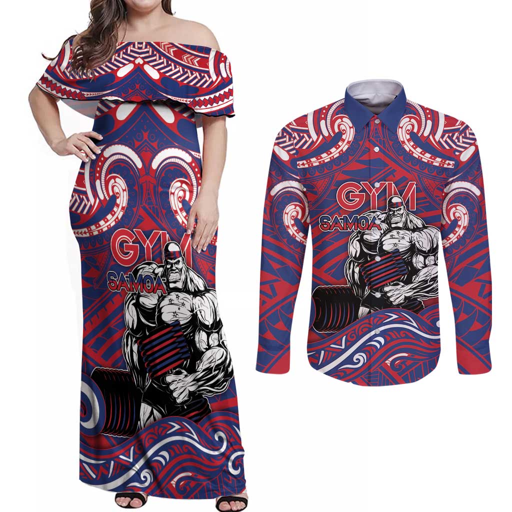 Personalised Samoa Gym Couples Matching Off Shoulder Maxi Dress and Long Sleeve Button Shirt Muscle Samoan Tribal Waves - Polynesian Pride