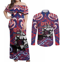 Personalised Samoa Gym Couples Matching Off Shoulder Maxi Dress and Long Sleeve Button Shirt Muscle Samoan Tribal Waves - Polynesian Pride
