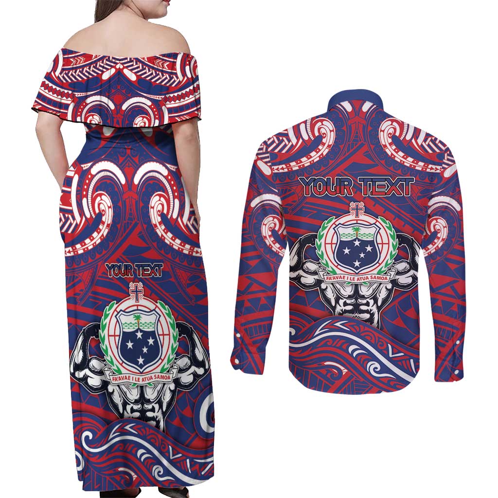 Personalised Samoa Gym Couples Matching Off Shoulder Maxi Dress and Long Sleeve Button Shirt Muscle Samoan Tribal Waves - Polynesian Pride