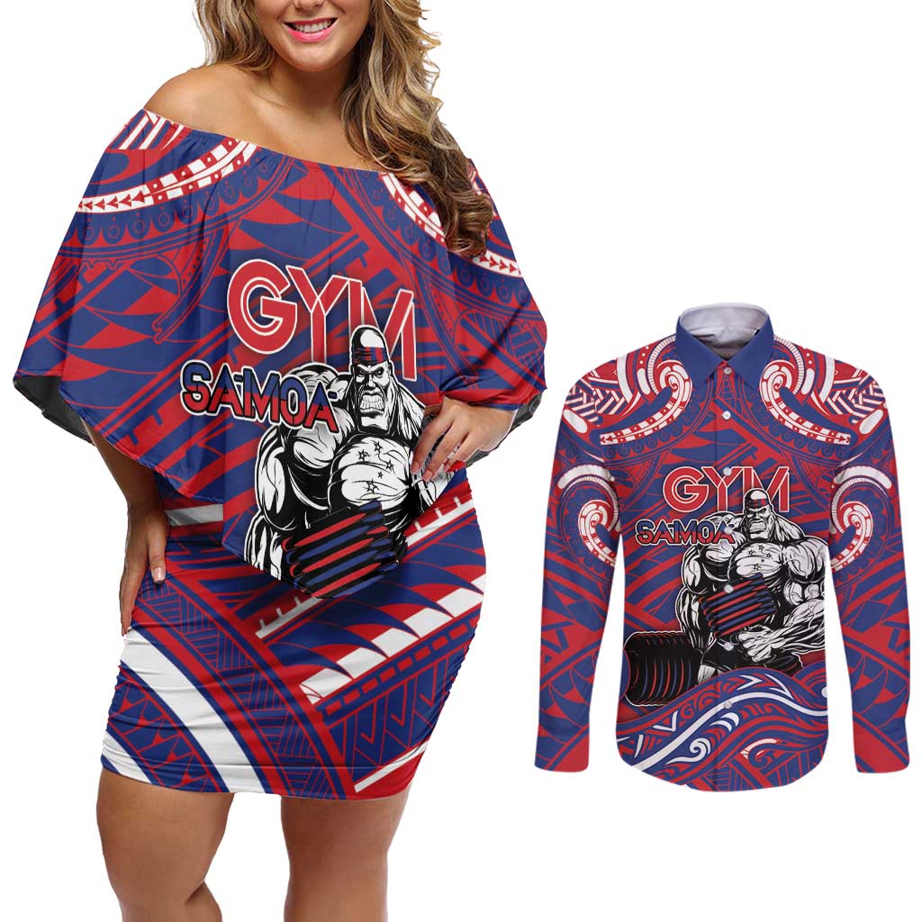 Personalised Samoa Gym Couples Matching Off Shoulder Short Dress and Long Sleeve Button Shirt Muscle Samoan Tribal Waves - Polynesian Pride