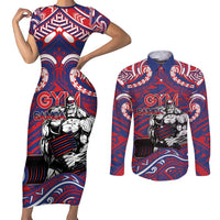 Personalised Samoa Gym Couples Matching Short Sleeve Bodycon Dress and Long Sleeve Button Shirt Muscle Samoan Tribal Waves DT05 Navy - Polynesian Pride