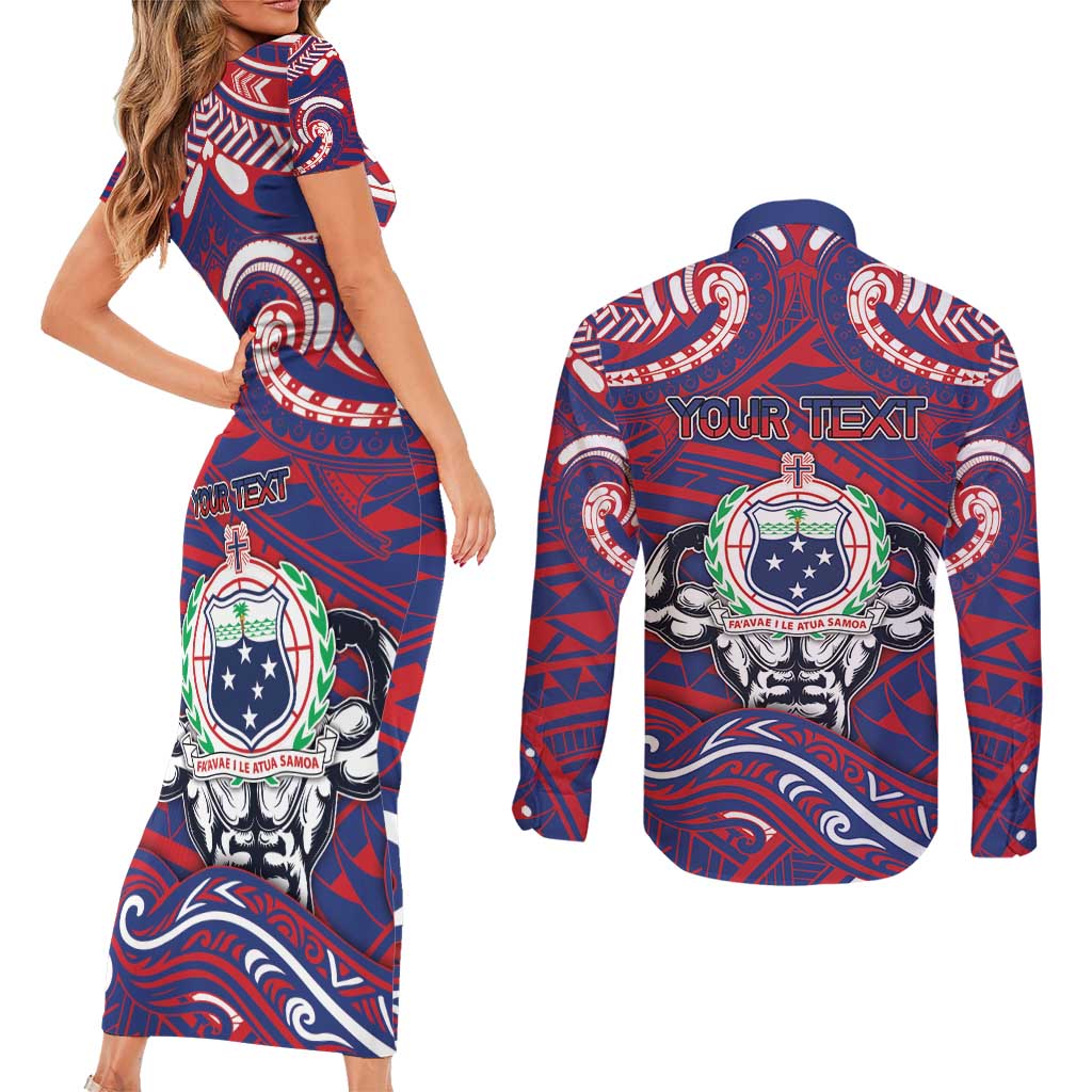 Personalised Samoa Gym Couples Matching Short Sleeve Bodycon Dress and Long Sleeve Button Shirt Muscle Samoan Tribal Waves DT05 - Polynesian Pride