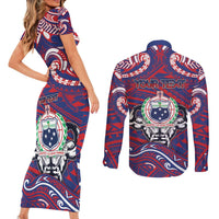 Personalised Samoa Gym Couples Matching Short Sleeve Bodycon Dress and Long Sleeve Button Shirt Muscle Samoan Tribal Waves DT05 - Polynesian Pride