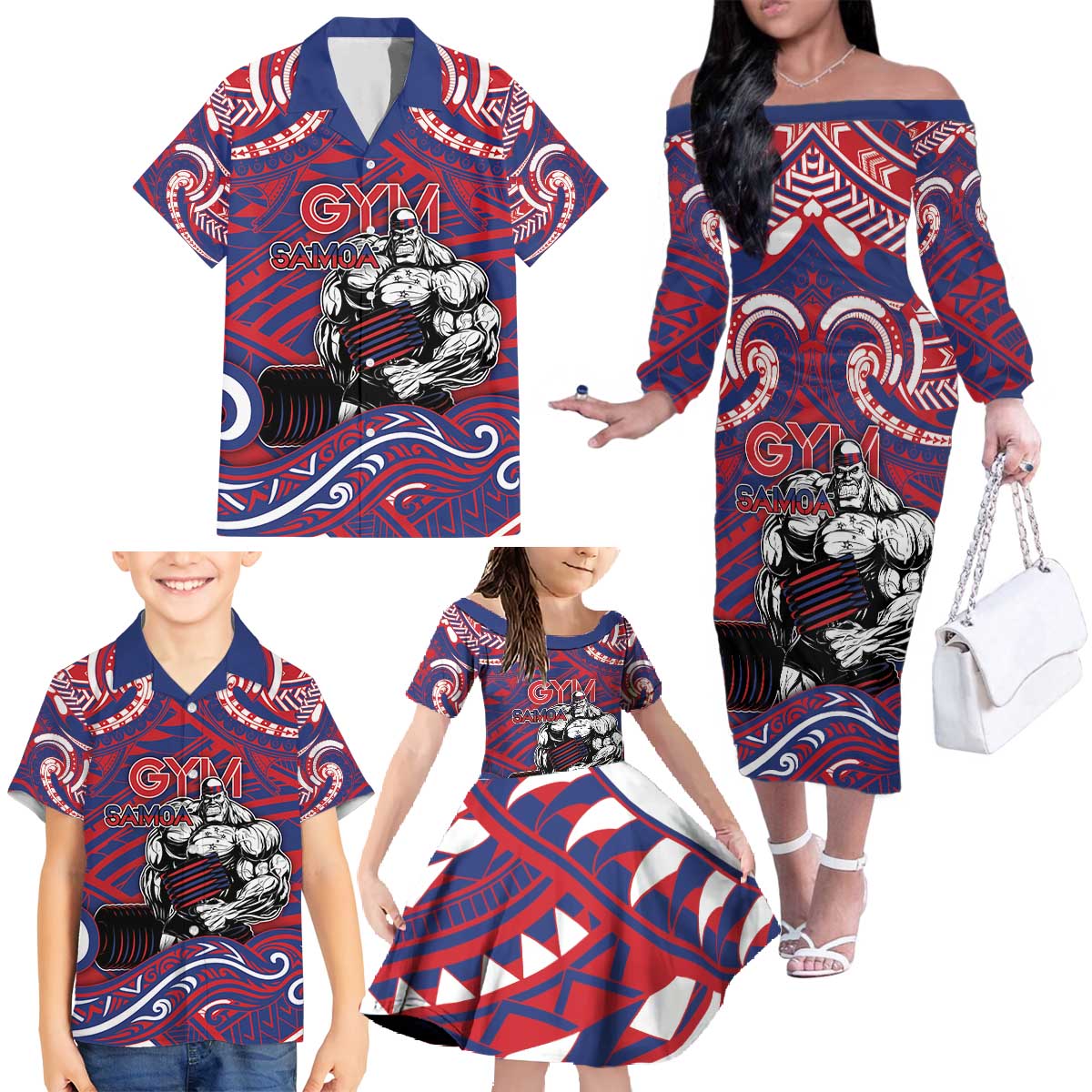 Personalised Samoa Gym Family Matching Off The Shoulder Long Sleeve Dress and Hawaiian Shirt Muscle Samoan Tribal Waves DT05 - Polynesian Pride