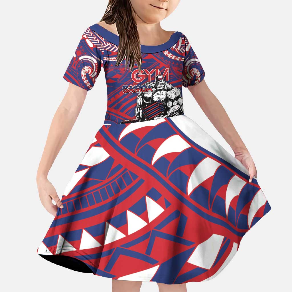 Personalised Samoa Gym Family Matching Off Shoulder Maxi Dress and Hawaiian Shirt Muscle Samoan Tribal Waves DT05 Daughter's Dress Navy - Polynesian Pride