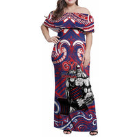 Personalised Samoa Gym Family Matching Off Shoulder Maxi Dress and Hawaiian Shirt Muscle Samoan Tribal Waves DT05 Mom's Dress Navy - Polynesian Pride