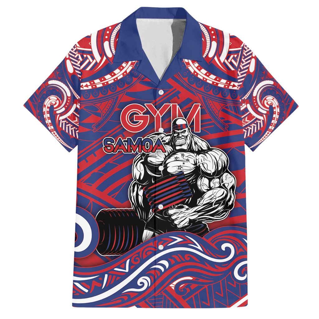 Personalised Samoa Gym Family Matching Puletasi and Hawaiian Shirt Muscle Samoan Tribal Waves DT05 Dad's Shirt - Short Sleeve Navy - Polynesian Pride