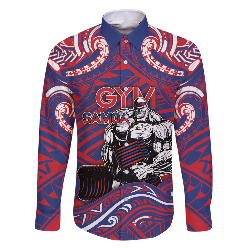 Personalised Samoa Gym Family Matching Puletasi and Hawaiian Shirt Muscle Samoan Tribal Waves DT05 Dad's Shirt - Long Sleeve Navy - Polynesian Pride