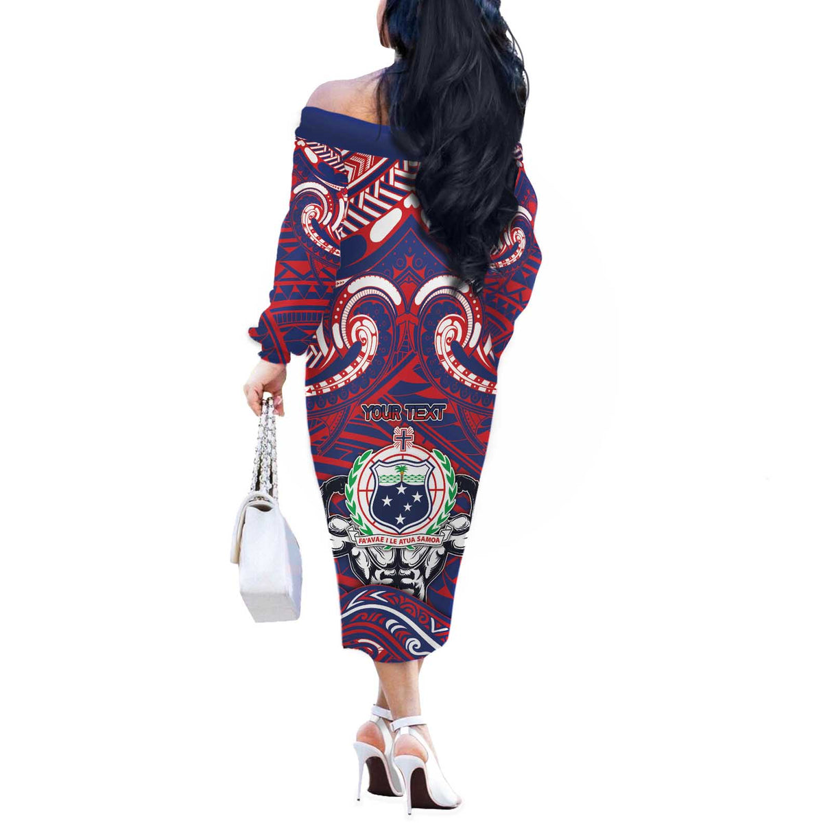 Personalised Samoa Gym Off The Shoulder Long Sleeve Dress Muscle Samoan Tribal Waves - Polynesian Pride