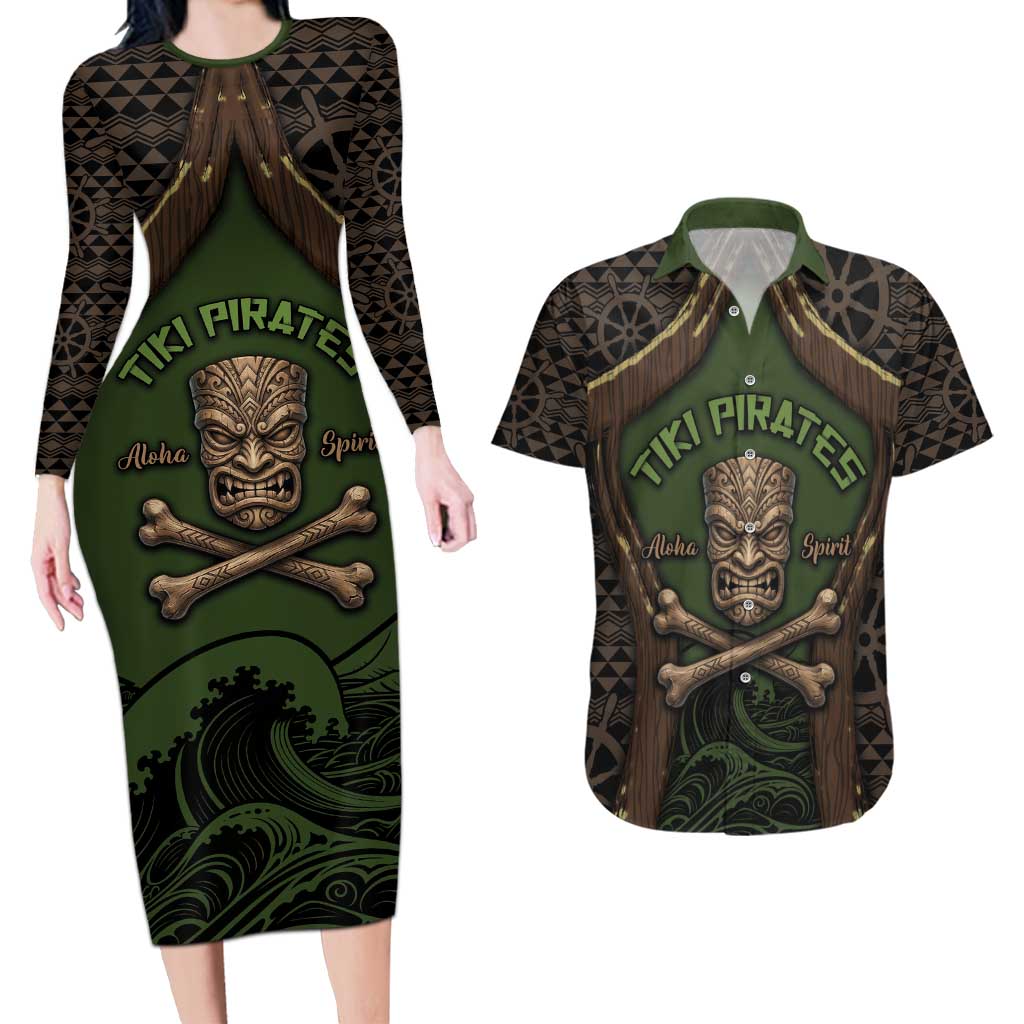 Personalised Hawaii Tiki Pirates Couples Matching Long Sleeve Bodycon Dress and Hawaiian Shirt Kakau Pattern Polynesian Style DT05 Green - Polynesian Pride