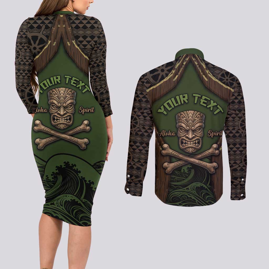Personalised Hawaii Tiki Pirates Couples Matching Long Sleeve Bodycon Dress and Long Sleeve Button Shirt Kakau Pattern Polynesian Style