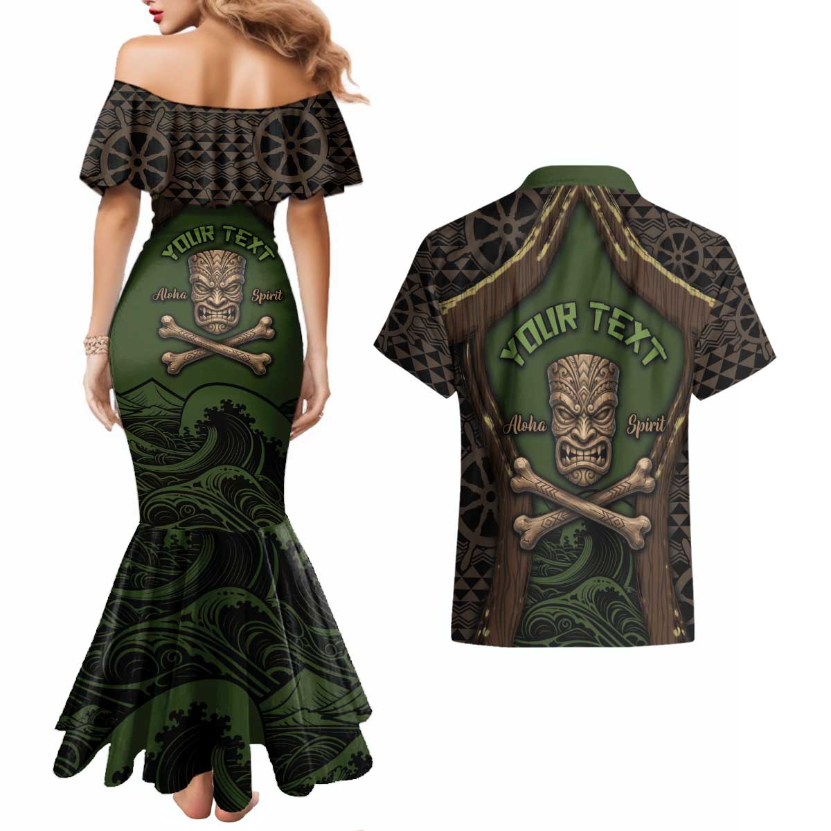 Personalised Hawaii Tiki Pirates Couples Matching Mermaid Dress and Hawaiian Shirt Kakau Pattern Polynesian Style