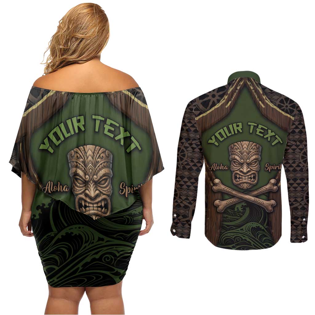 Personalised Hawaii Tiki Pirates Couples Matching Off Shoulder Short Dress and Long Sleeve Button Shirt Kakau Pattern Polynesian Style DT05 - Polynesian Pride