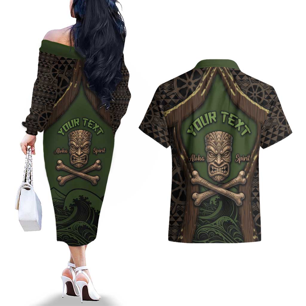 Personalised Hawaii Tiki Pirates Couples Matching Off The Shoulder Long Sleeve Dress and Hawaiian Shirt Kakau Pattern Polynesian Style DT05 - Polynesian Pride