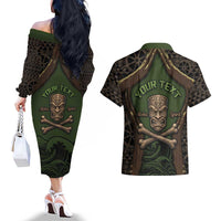 Personalised Hawaii Tiki Pirates Couples Matching Off The Shoulder Long Sleeve Dress and Hawaiian Shirt Kakau Pattern Polynesian Style DT05 - Polynesian Pride
