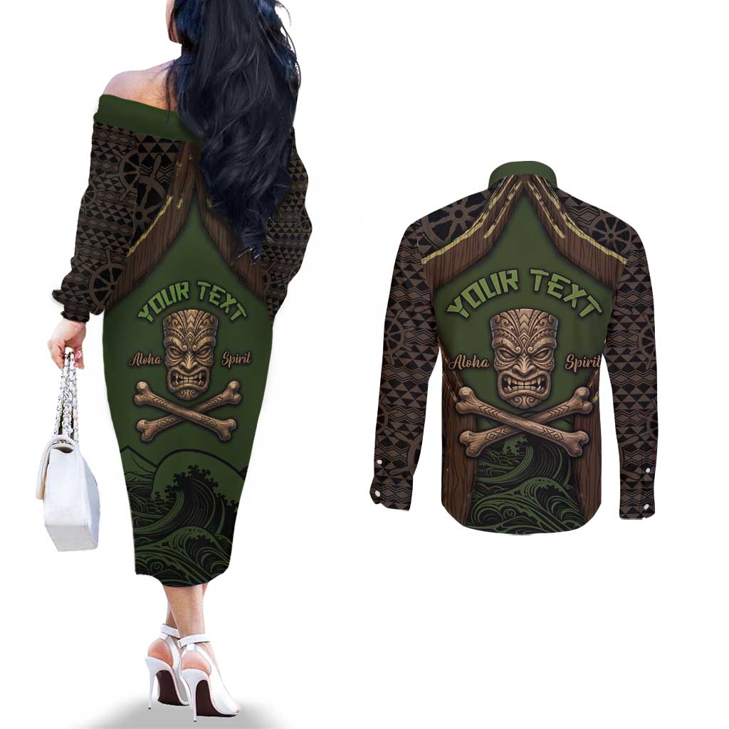 Personalised Hawaii Tiki Pirates Couples Matching Off The Shoulder Long Sleeve Dress and Long Sleeve Button Shirt Kakau Pattern Polynesian Style