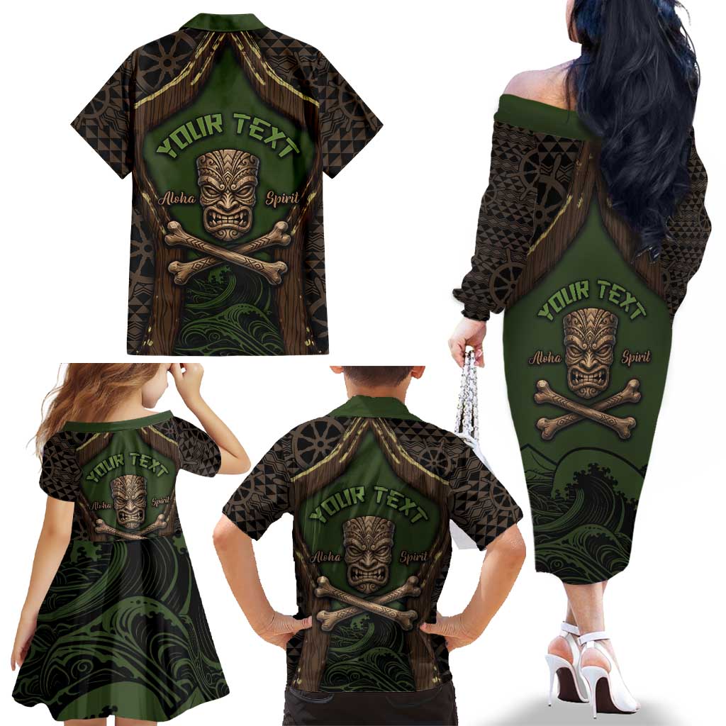 Personalised Hawaii Tiki Pirates Family Matching Off The Shoulder Long Sleeve Dress and Hawaiian Shirt Kakau Pattern Polynesian Style DT05 - Polynesian Pride